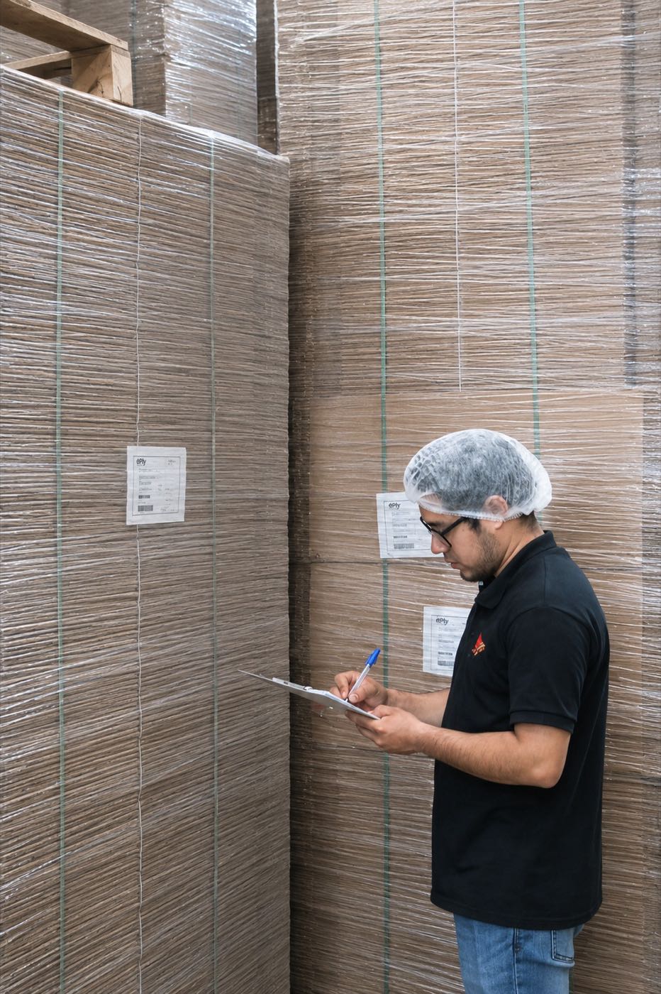 Operador de Mely Packaging con cofia revisando inventario de cartón corrugado en almacén certificado ISO 22000