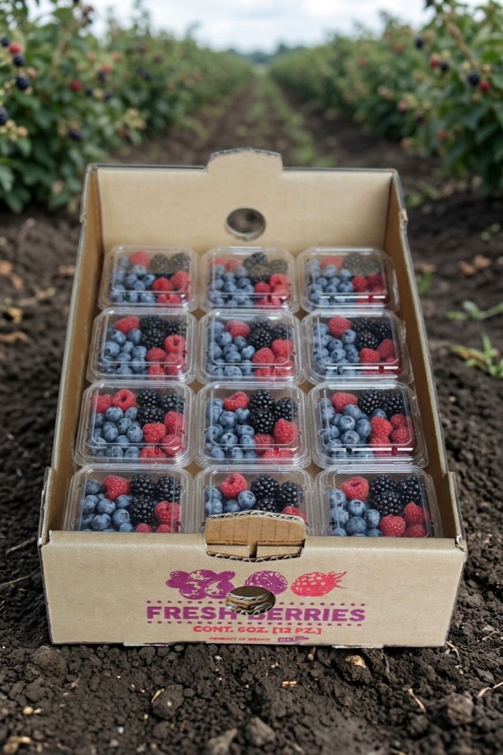 Clamshells de berries en charola Mely Packaging en campo