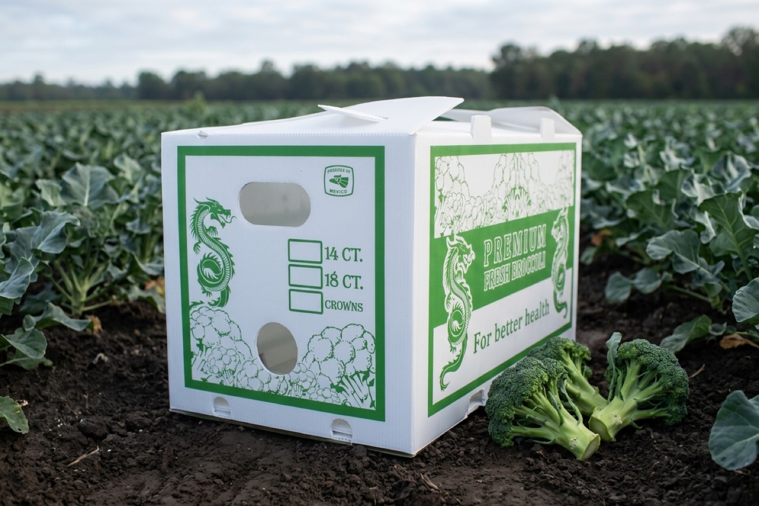 Caja Mely Packaging de brócoli en campo