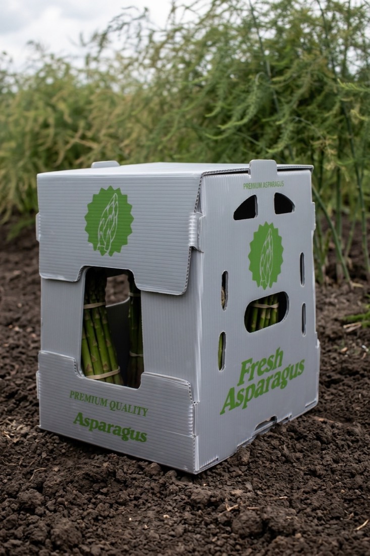 Caja Mely Packaging con espárrago fresco en campo