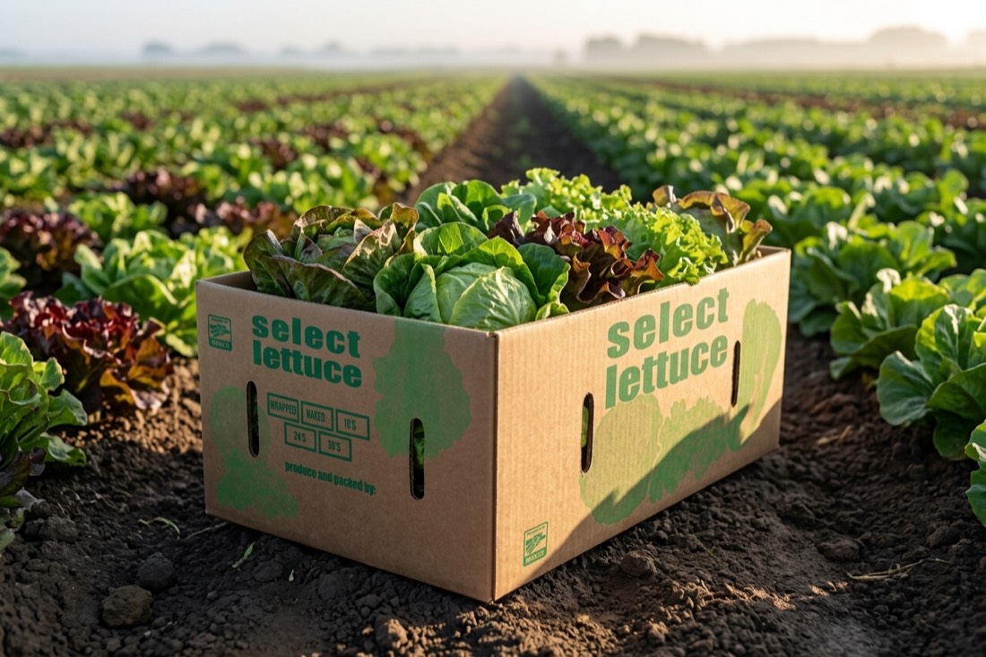 Caja Mely Packaging de lechuga en campo de cultivo